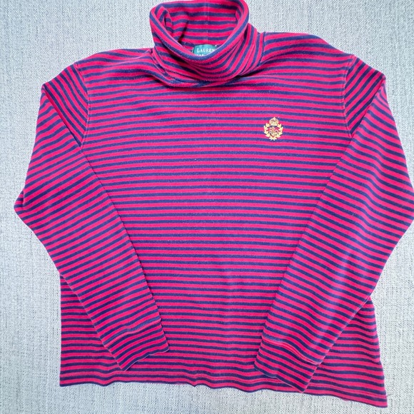 Lauren Ralph Lauren Tops - Lauren Ralph Lauren Red Navy Striped Turtleneck Crest Logo Cotton Top Large